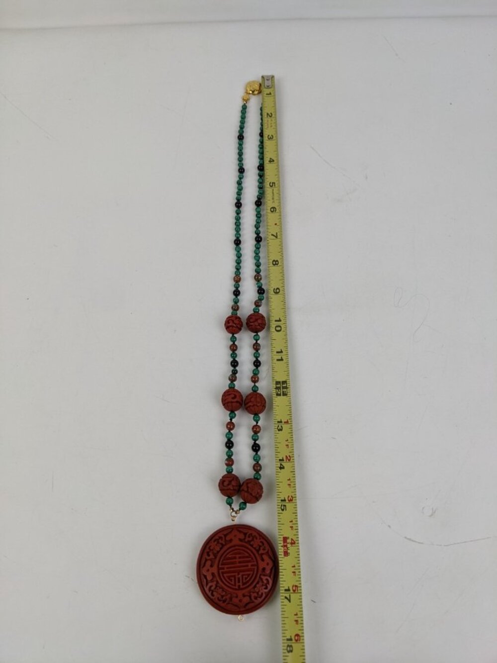 Vintage Chinese Cinnabar Malachite & Onyx Beaded Necklace - Picture 11 of 13